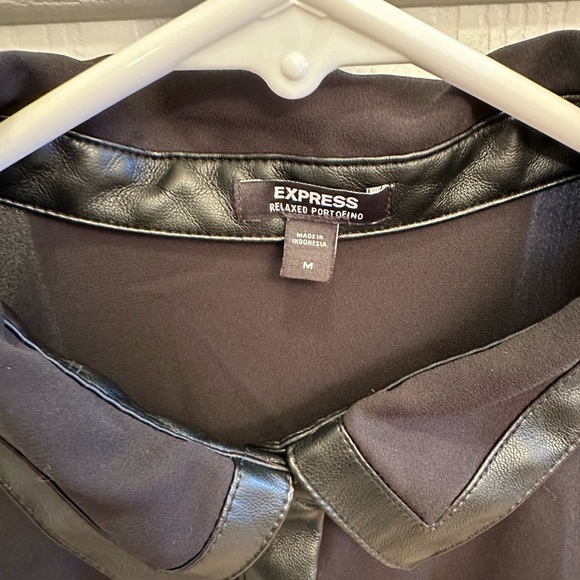 Black Express blouse with faux leather lined collar and sleeves. - Picture 2 of 5